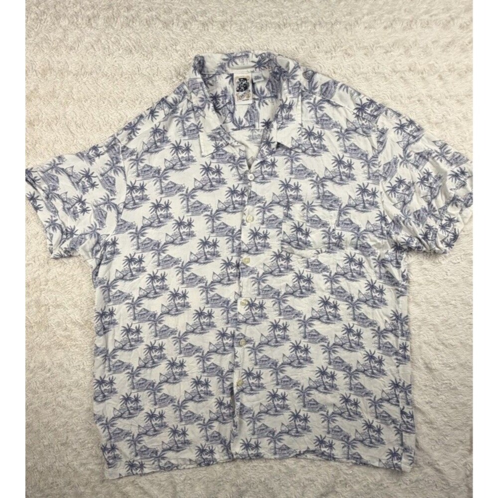 Kennington Men's Blue White Tropical Rayon Short Sleeve Button-Up Shirt XXL